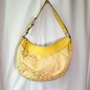 バッグ Coach Signature Hobo Hand Bag Yellow Coach Women Yellow Patent Leather Signature Crinkle Stitch